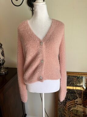 Derek Heart Blush Pink Fuzzy V-Neck Cardigan with Jewel Buttons